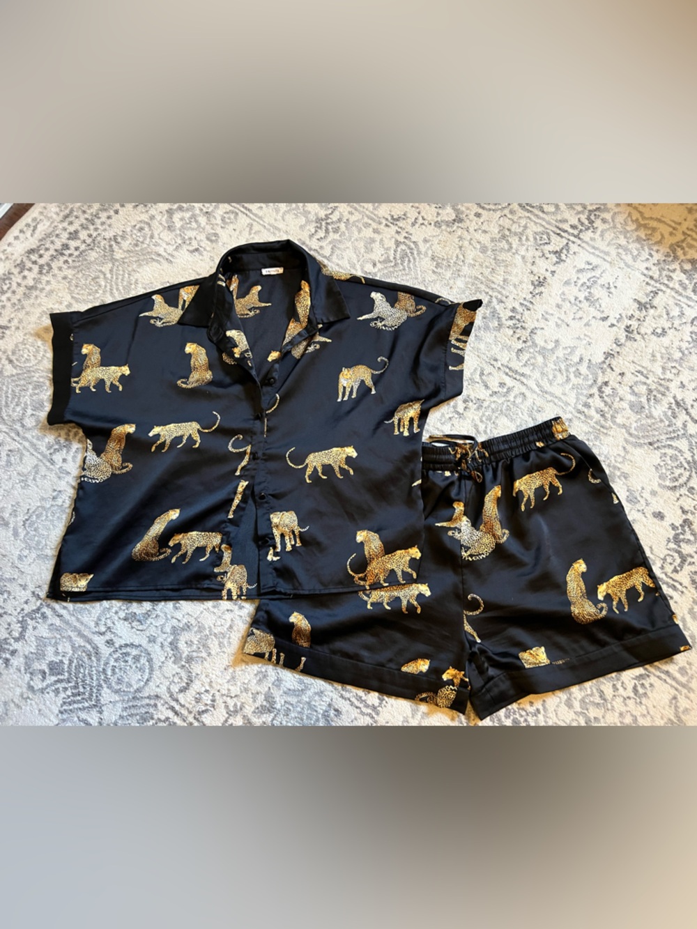 Dressed in LALA Black Short Pajama Set with Gold Leopard Motif
